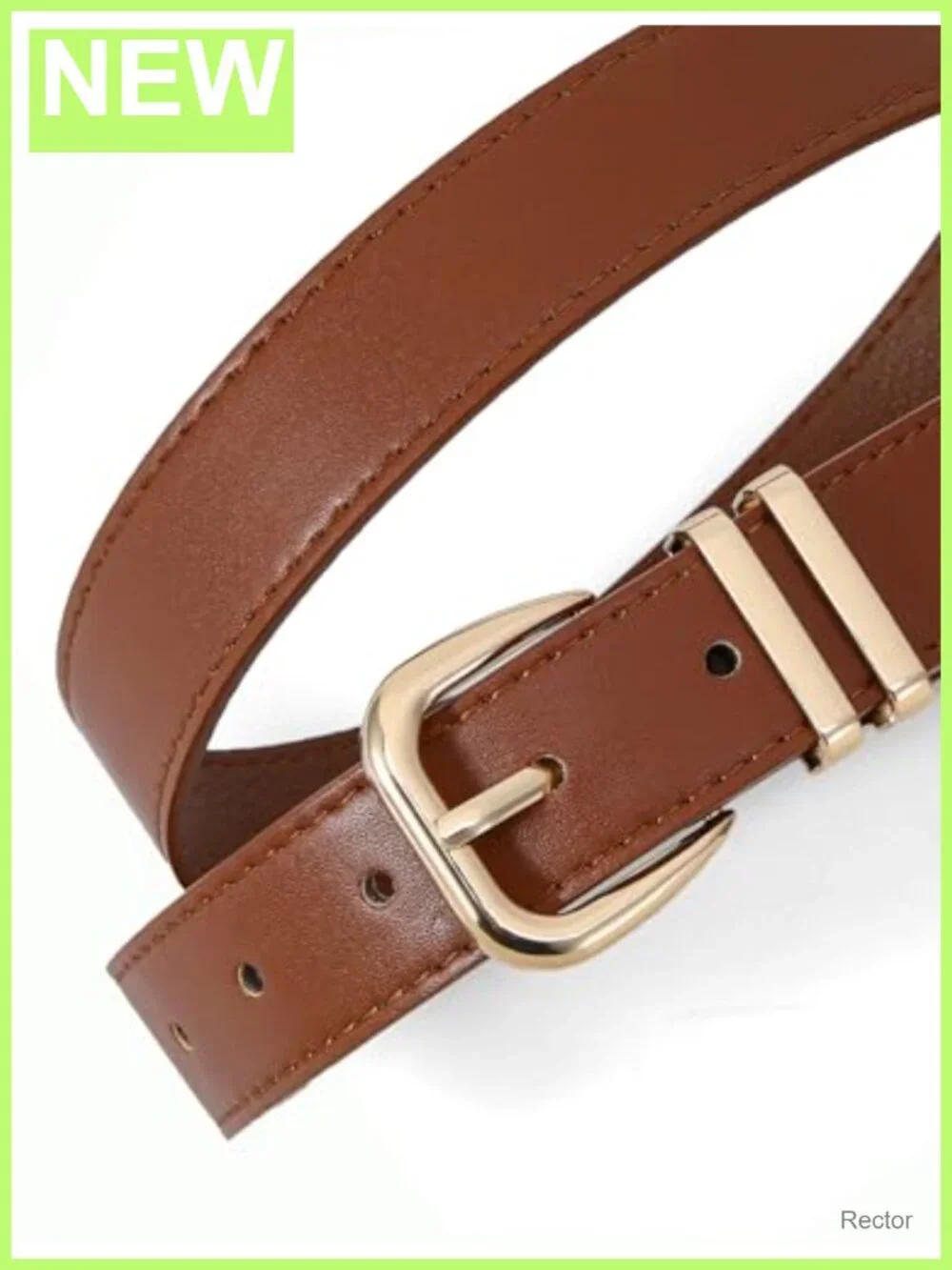 Women's Faux Leather Waist Belt with Gold Buckle, Double Metal Rings, Minimalist